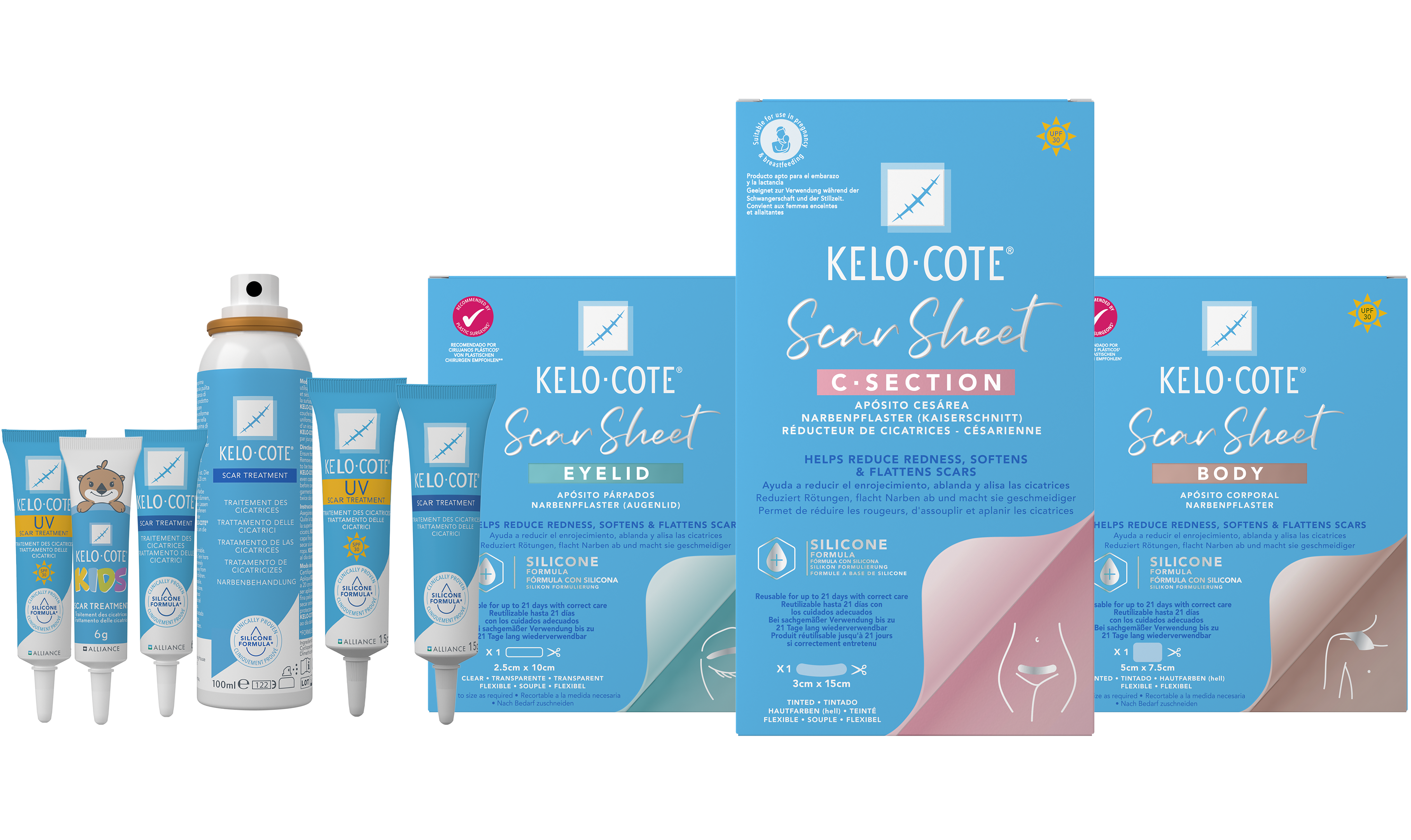 Photorealistic image of all Kelocote products together in their respective packaging, against a white background.